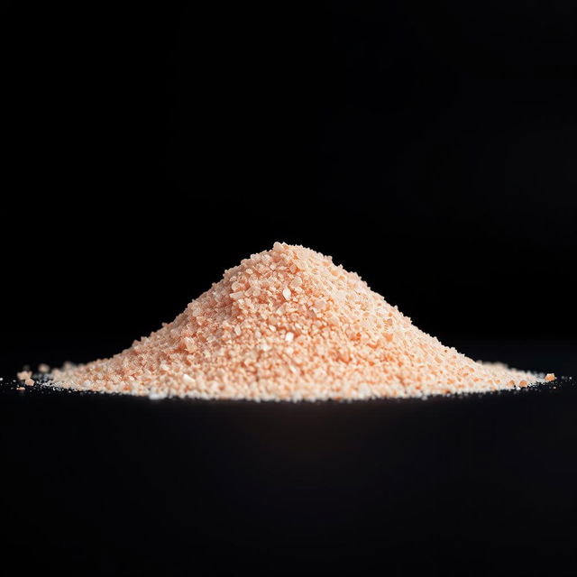 A mound of fine pink salt powder, consisting of tiny crystalline grains that are not individually visible, predominantly in shades of red with hints of pink and white, piled on a flat surface