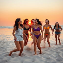 A serene and beautifully lit beach scene during sunset, featuring a group of joyful, diverse young adults of varying ethnicities enjoying the moment together