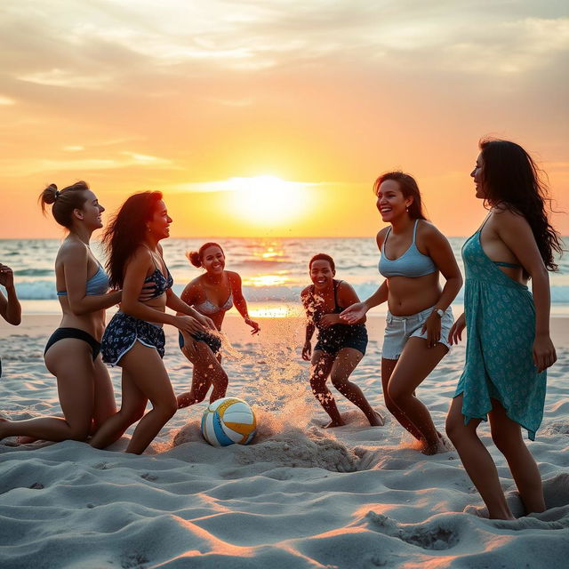 A serene and beautifully lit beach scene during sunset, featuring a group of joyful, diverse young adults of varying ethnicities enjoying the moment together