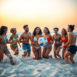 A serene and beautifully lit beach scene during sunset, featuring a group of joyful, diverse young adults of varying ethnicities enjoying the moment together