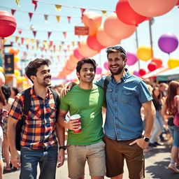 a vibrant festival scene with a diverse group of three friends, two men and one woman, enjoying the festive atmosphere, surrounded by colorful decorations, vivid balloons, and a lively crowd in the background, all standing together with smiles and laughter, wearing casual, stylish outfits, emphasizing the joy and camaraderie of the moment, sunny day with blue skies