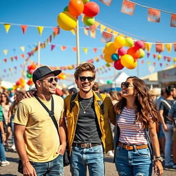 a vibrant festival scene with a diverse group of three friends, two men and one woman, enjoying the festive atmosphere, surrounded by colorful decorations, vivid balloons, and a lively crowd in the background, all standing together with smiles and laughter, wearing casual, stylish outfits, emphasizing the joy and camaraderie of the moment, sunny day with blue skies
