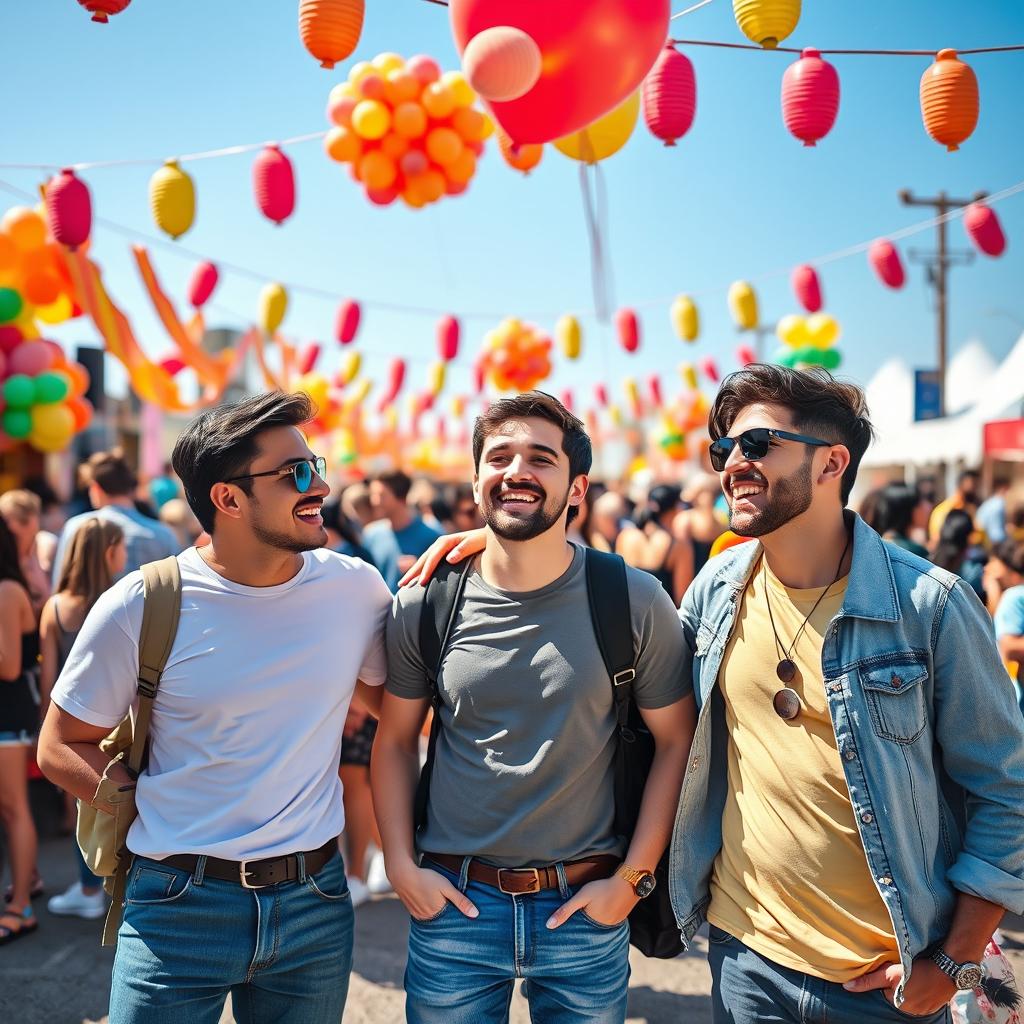 a vibrant festival scene with a diverse group of three friends, two men and one woman, enjoying the festive atmosphere, surrounded by colorful decorations, vivid balloons, and a lively crowd in the background, all standing together with smiles and laughter, wearing casual, stylish outfits, emphasizing the joy and camaraderie of the moment, sunny day with blue skies