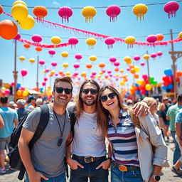 a vibrant festival scene with a diverse group of three friends, two men and one woman, enjoying the festive atmosphere, surrounded by colorful decorations, vivid balloons, and a lively crowd in the background, all standing together with smiles and laughter, wearing casual, stylish outfits, emphasizing the joy and camaraderie of the moment, sunny day with blue skies
