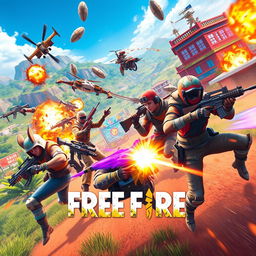 An exciting scene from the game Free Fire, depicting intense action with characters in a vibrant, dynamic battle environment