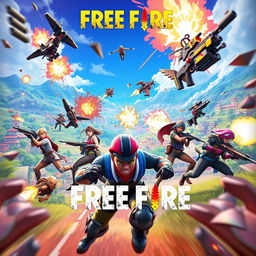 An exciting scene from the game Free Fire, depicting intense action with characters in a vibrant, dynamic battle environment
