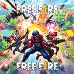 An exciting scene from the game Free Fire, depicting intense action with characters in a vibrant, dynamic battle environment