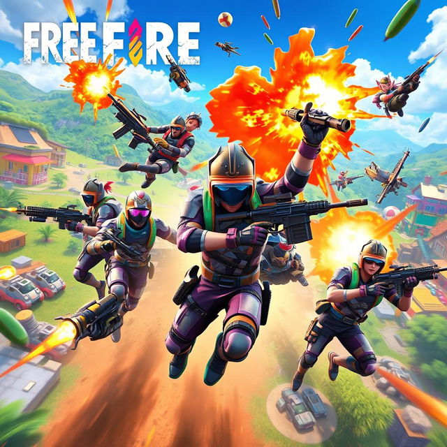 An exciting scene from the game Free Fire, depicting intense action with characters in a vibrant, dynamic battle environment