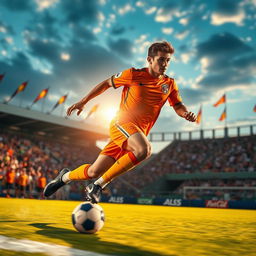 A dynamic, athletic football player in mid-action, showcasing an impressive dribbling maneuver on a vibrant green football pitch