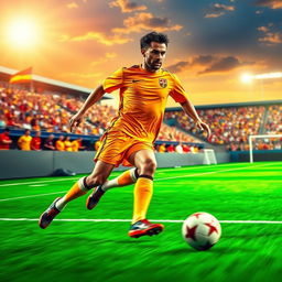 A dynamic, athletic football player in mid-action, showcasing an impressive dribbling maneuver on a vibrant green football pitch