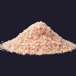 A close-up view of a mound of fine pink salt powder, with crystal-like, glassy grains that are not visible to the naked eye