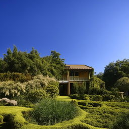 A detailed, single-story house in the middle of a lush garden under a clear blue sky.