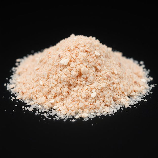 A close-up view of a mound of fine pink salt powder, with crystal-like, glassy grains that are not visible to the naked eye