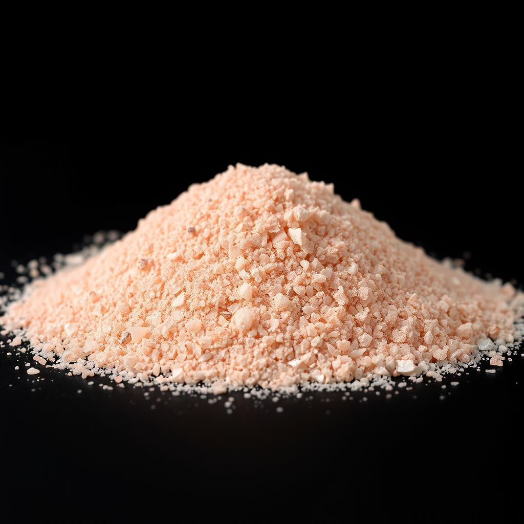 A close-up view of a mound of fine pink salt powder, with crystal-like, glassy grains that are not visible to the naked eye