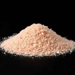 A close-up view of a mound of fine pink salt powder, with crystal-like, glassy grains that are not visible to the naked eye