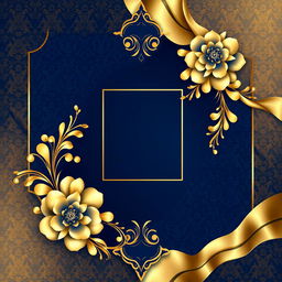 A luxurious and elegant poster design featuring ornate gold elements, rich textures like velvet and silk, and a sophisticated color palette of deep royal blue and metallic gold