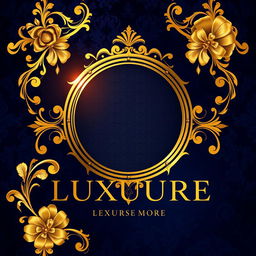 A luxurious and elegant poster design featuring ornate gold elements, rich textures like velvet and silk, and a sophisticated color palette of deep royal blue and metallic gold