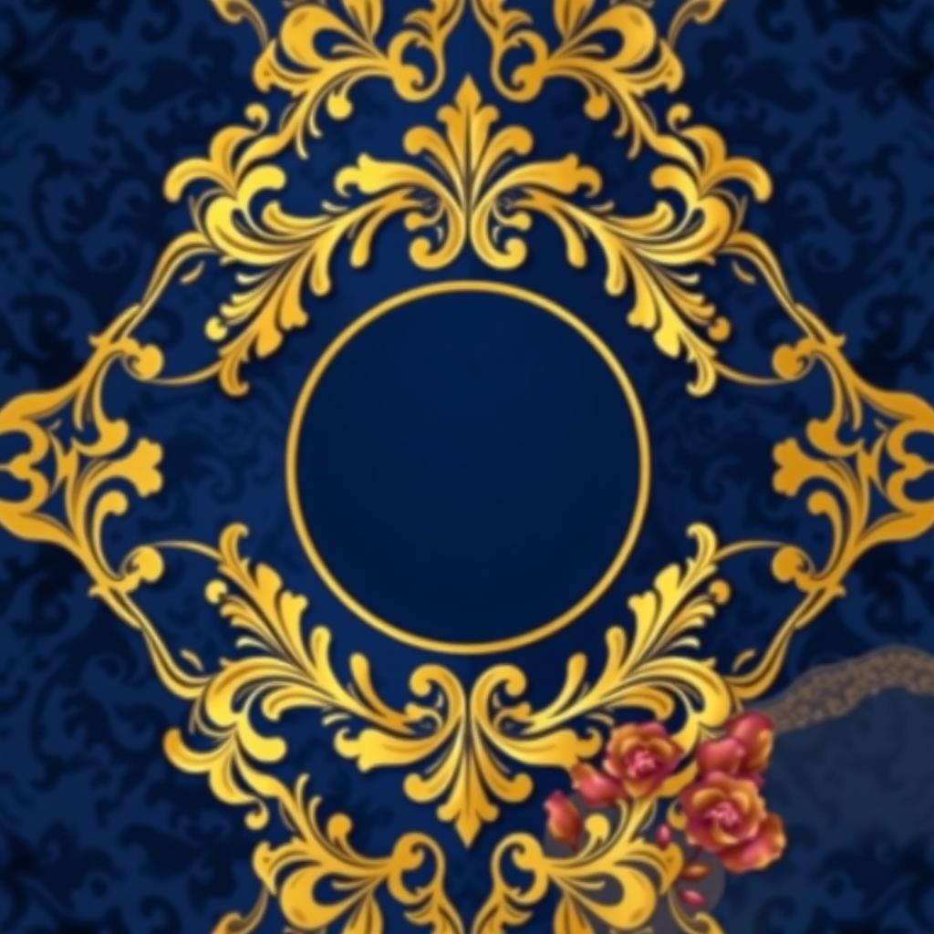 A luxurious and elegant poster design featuring ornate gold elements, rich textures like velvet and silk, and a sophisticated color palette of deep royal blue and metallic gold