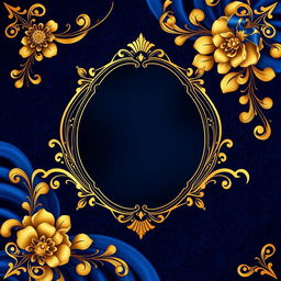 A luxurious and elegant poster design featuring ornate gold elements, rich textures like velvet and silk, and a sophisticated color palette of deep royal blue and metallic gold
