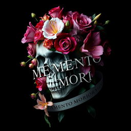 A striking and evocative dark-themed image featuring a skull adorned with vibrant flowers, blending elements of life and death
