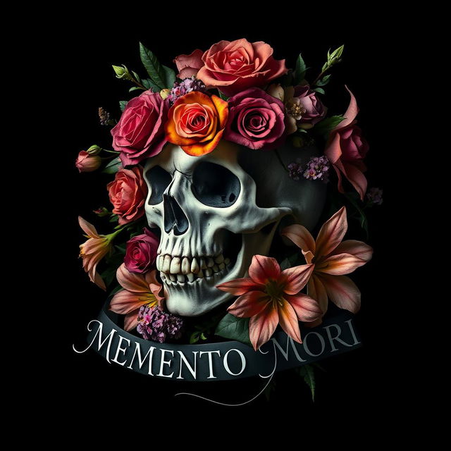 A striking and evocative dark-themed image featuring a skull adorned with vibrant flowers, blending elements of life and death