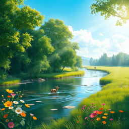 A serene landscape with a gentle river flowing through a lush green forest, sunlight filtering through the leaves, casting dappled light on the water