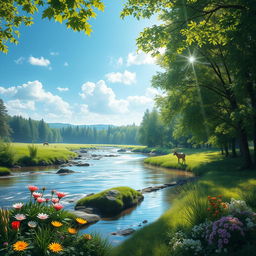 A serene landscape with a gentle river flowing through a lush green forest, sunlight filtering through the leaves, casting dappled light on the water