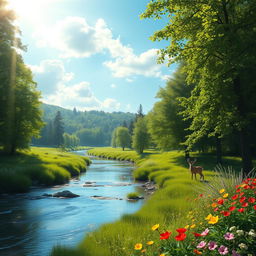 A serene landscape with a gentle river flowing through a lush green forest, sunlight filtering through the leaves, casting dappled light on the water