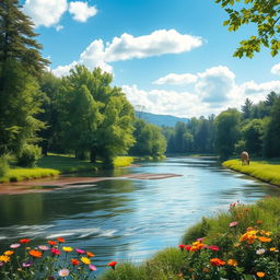 A serene landscape with a gentle river flowing through a lush green forest, sunlight filtering through the leaves, casting dappled light on the water