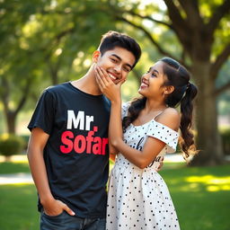A charming and playful scene featuring a teenage boy gently pulling the cheek of a teenage girl, both smiling warmly at each other