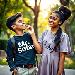 A charming and playful scene featuring a teenage boy gently pulling the cheek of a teenage girl, both smiling warmly at each other
