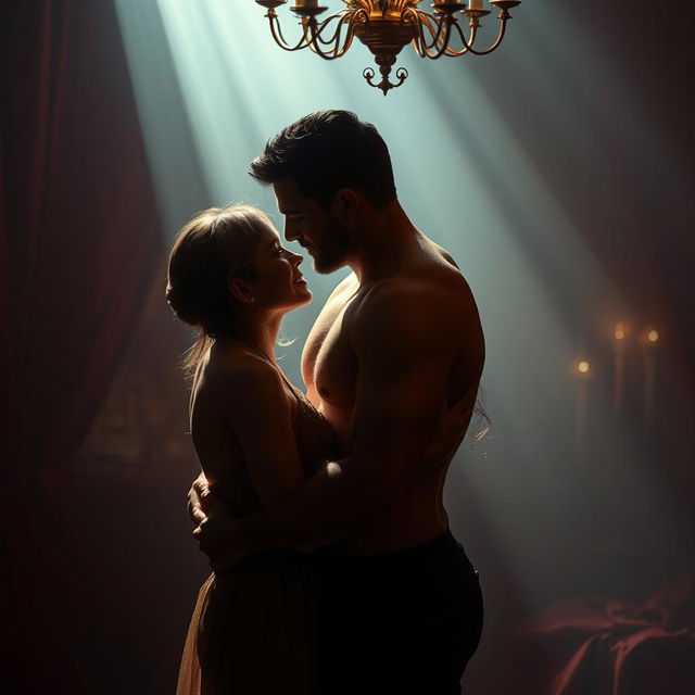 A sensual and romantic scene featuring a couple embracing in an intimate, elegant setting