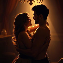 A sensual and romantic scene featuring a couple embracing in an intimate, elegant setting