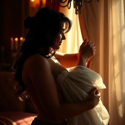 A sensual and romantic scene featuring a couple embracing in an intimate, elegant setting