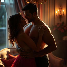 A sensual and romantic scene featuring a couple embracing in an intimate, elegant setting