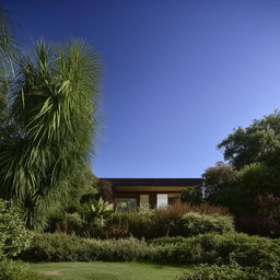 A detailed, single-story house in the middle of a lush garden under a clear blue sky.