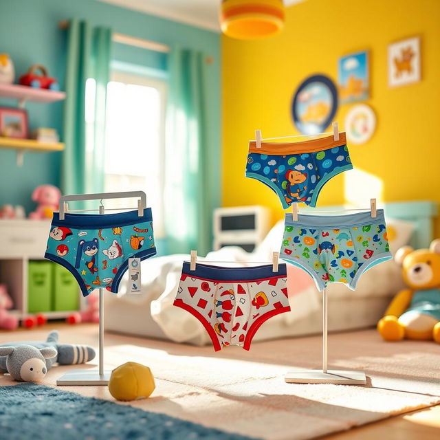 A playful scene featuring stylish and colorful boys' underwear displayed in a bright and cheerful children's bedroom