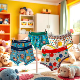 A playful scene featuring stylish and colorful boys' underwear displayed in a bright and cheerful children's bedroom