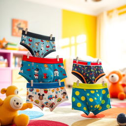 A playful scene featuring stylish and colorful boys' underwear displayed in a bright and cheerful children's bedroom