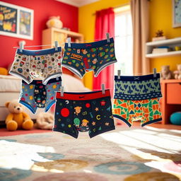 A playful scene featuring stylish and colorful boys' underwear displayed in a bright and cheerful children's bedroom