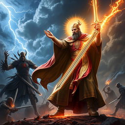 A dramatic scene depicting the Imam Mahdi triumphantly defeating the false messiah (Al-Dajjal) in a grand setting