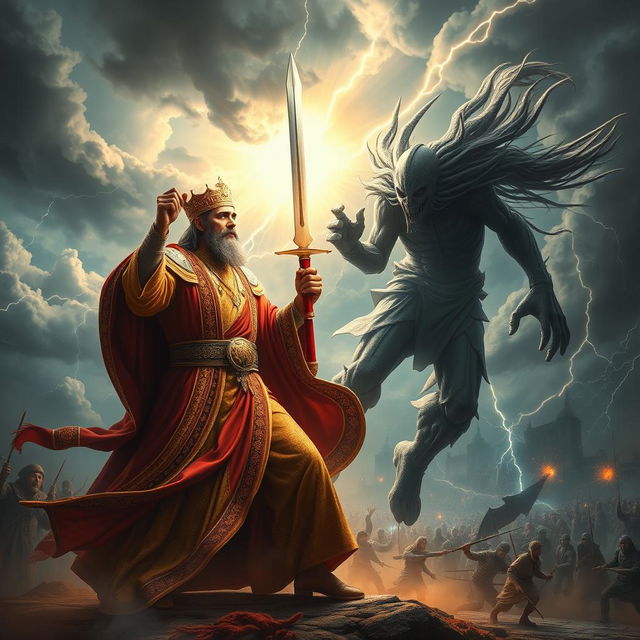 A dramatic scene depicting the Imam Mahdi triumphantly defeating the false messiah (Al-Dajjal) in a grand setting