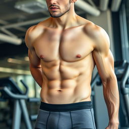 A close-up shot of an athletic young man showcasing his well-defined abs while wearing stylish boxer shorts
