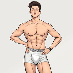 A stylish fashion illustration featuring a young male model flaunting toned abs in a Calvin Klein outfit