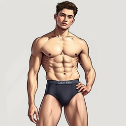 A stylish fashion illustration featuring a young male model flaunting toned abs in a Calvin Klein outfit