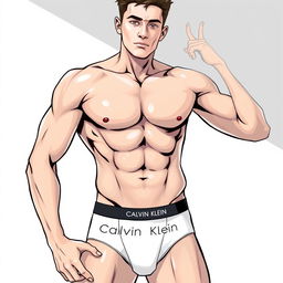 A stylish fashion illustration featuring a young male model flaunting toned abs in a Calvin Klein outfit