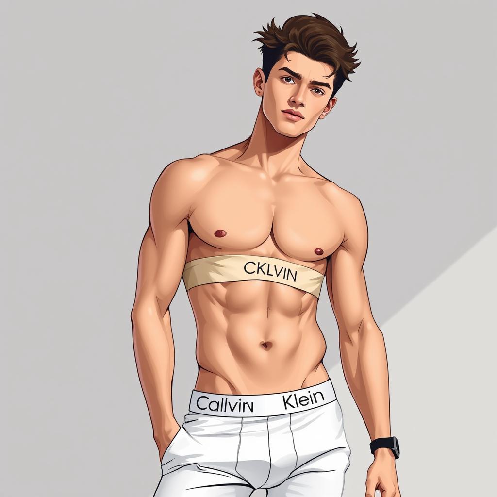 A stylish fashion illustration featuring a young male model flaunting toned abs in a Calvin Klein outfit