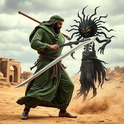 A powerful man dressed in traditional ancient Arabian clothing, primarily in shades of green, stands valiantly in a dramatic pose