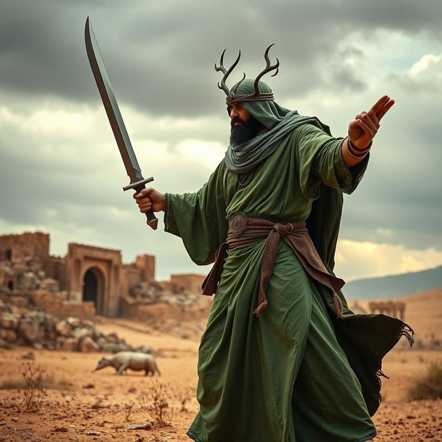 A powerful man dressed in traditional ancient Arabian clothing, primarily in shades of green, stands valiantly in a dramatic pose