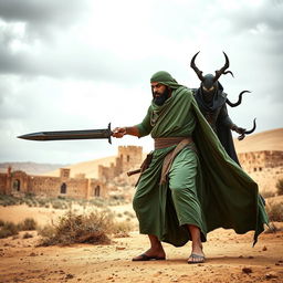 A powerful man dressed in traditional ancient Arabian clothing, primarily in shades of green, stands valiantly in a dramatic pose